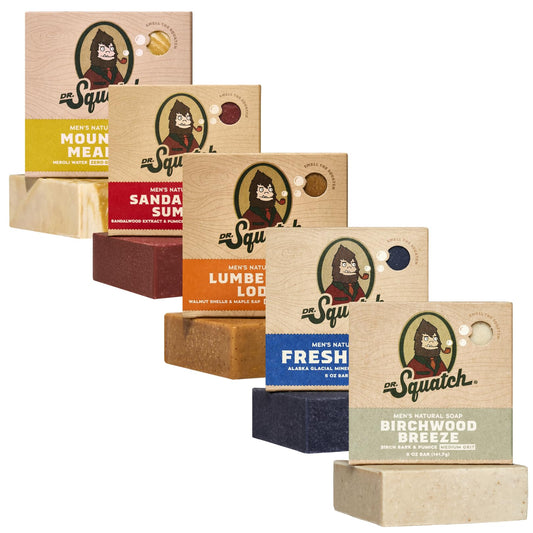 Dr. Squatch front packaging showing five bars and gift-ready presentation