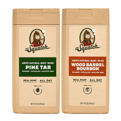 Dr. Squatch front packaging showing pine tar wood barrel bourbon scent benefit long-lasting fragrance