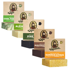 Dr. Squatch front packaging showing five-bar gift pack and scent labels for easy gifting
