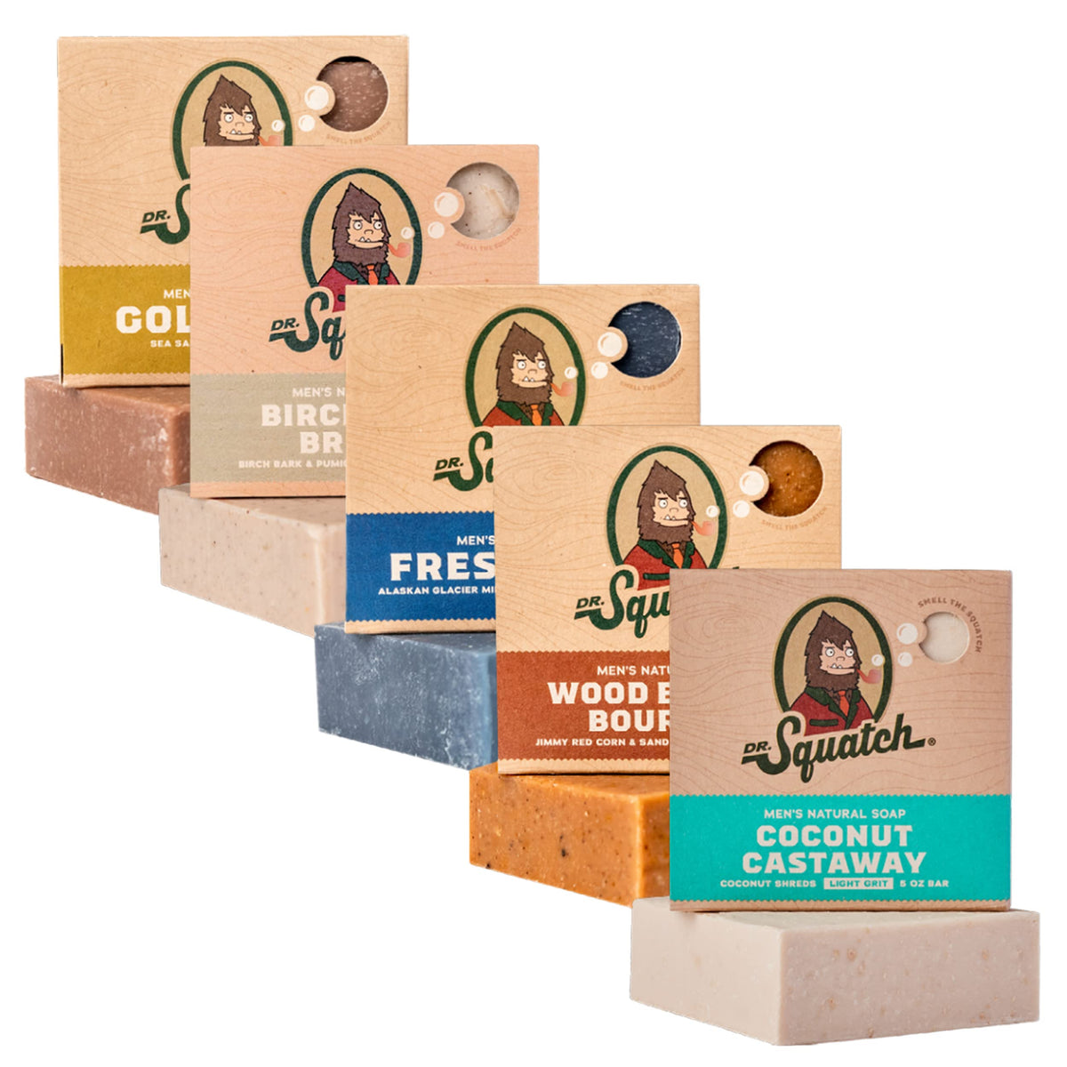 Dr. Squatch front packaging showing five scented soap bars and benefits