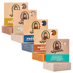 Dr. Squatch front packaging showing five scented soap bars and benefits