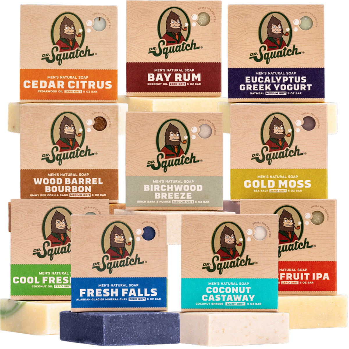 Dr. Squatch front packaging showing multiple scent bars and gift-ready presentation