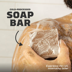 Dr. Squatch bar soap in a shower scene demonstrating clean scent and daily routine benefit