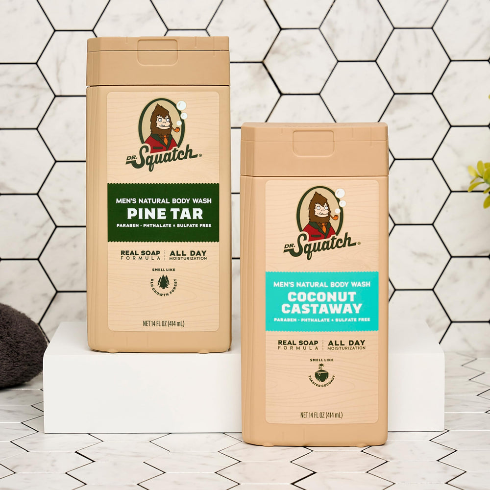Dr. Squatch flatlay of natural ingredients conveying gentle, clean formulation