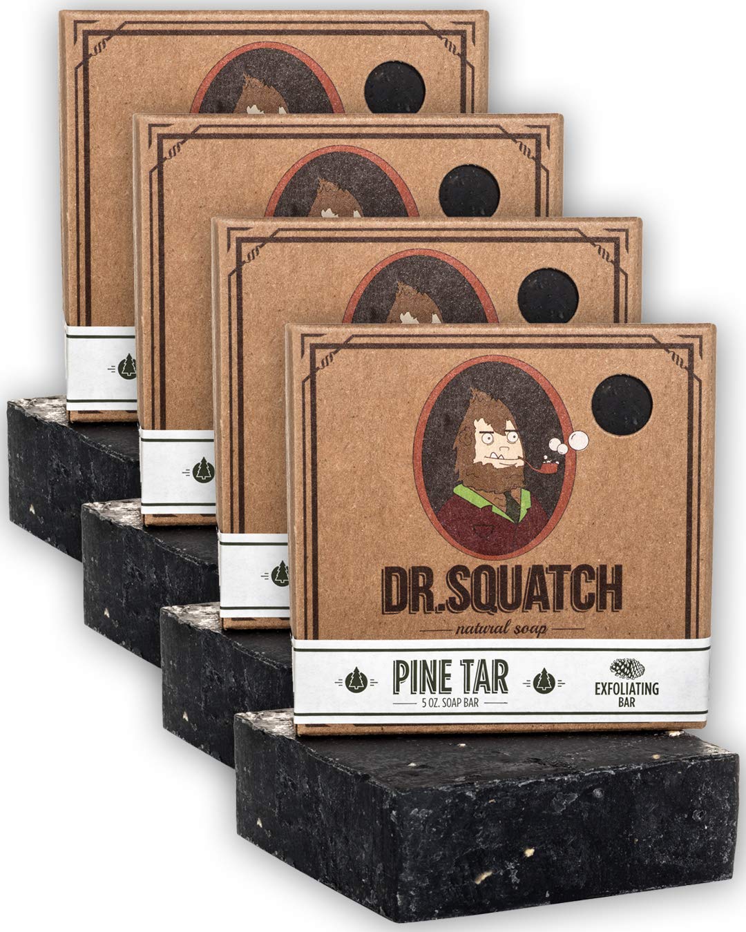 Dr. Squatch pine tar front packaging showing four bars and woodsy branding benefit: clear product view