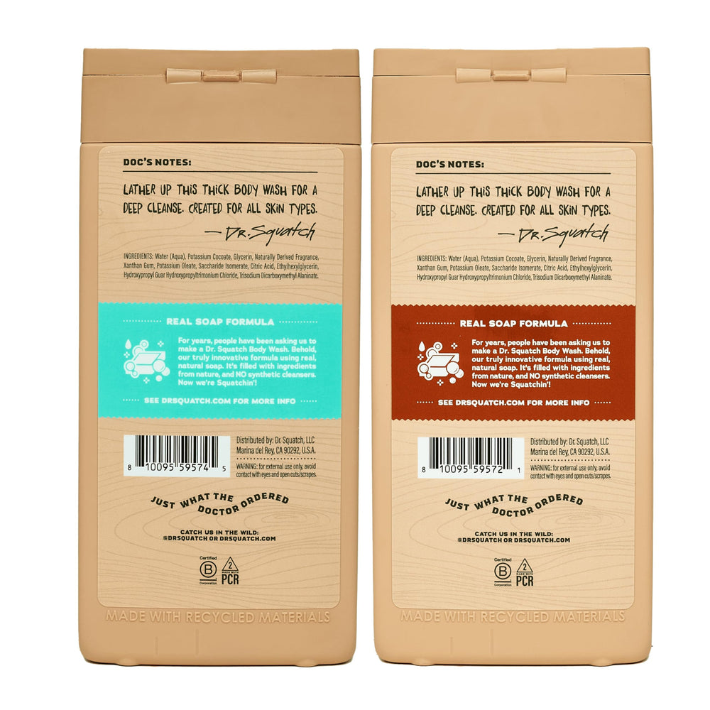 Dr. Squatch label close-up emphasizing ingredient claims and scent names
