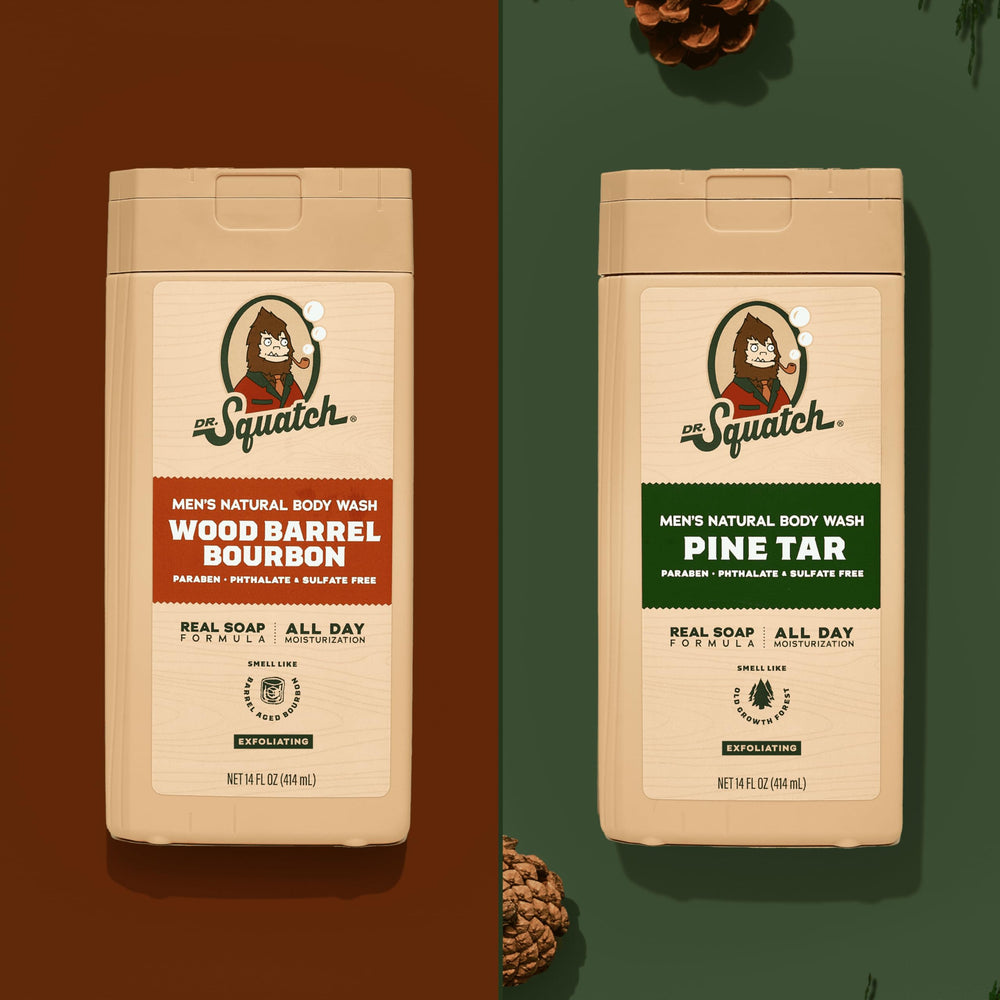 Dr. Squatch 14 oz bottle next to grooming kit showing size and travel-friendly backup benefit
