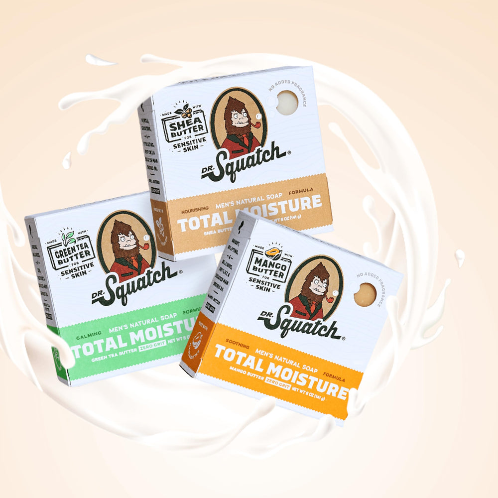 Dr. Squatch unboxed six-pack arranged neatly, ideal for stocking up or gifts