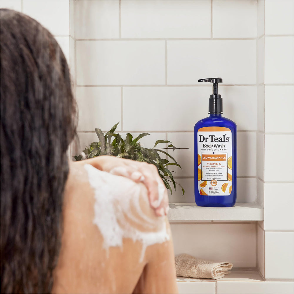 Dr Teal's in-hand use under shower demonstrating easy application