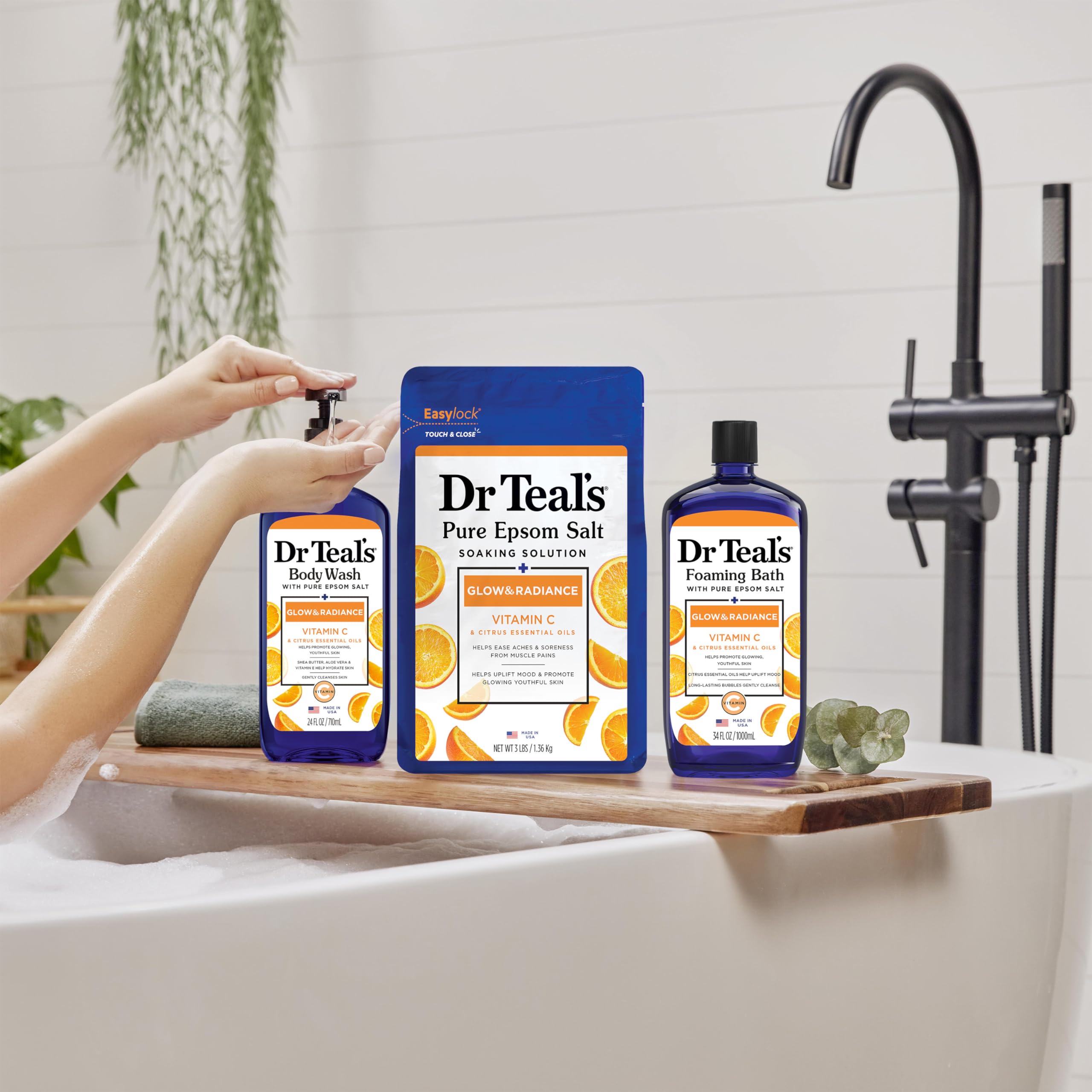 Dr Teal's bottle beside Epsom salt soak portraying paired ritual