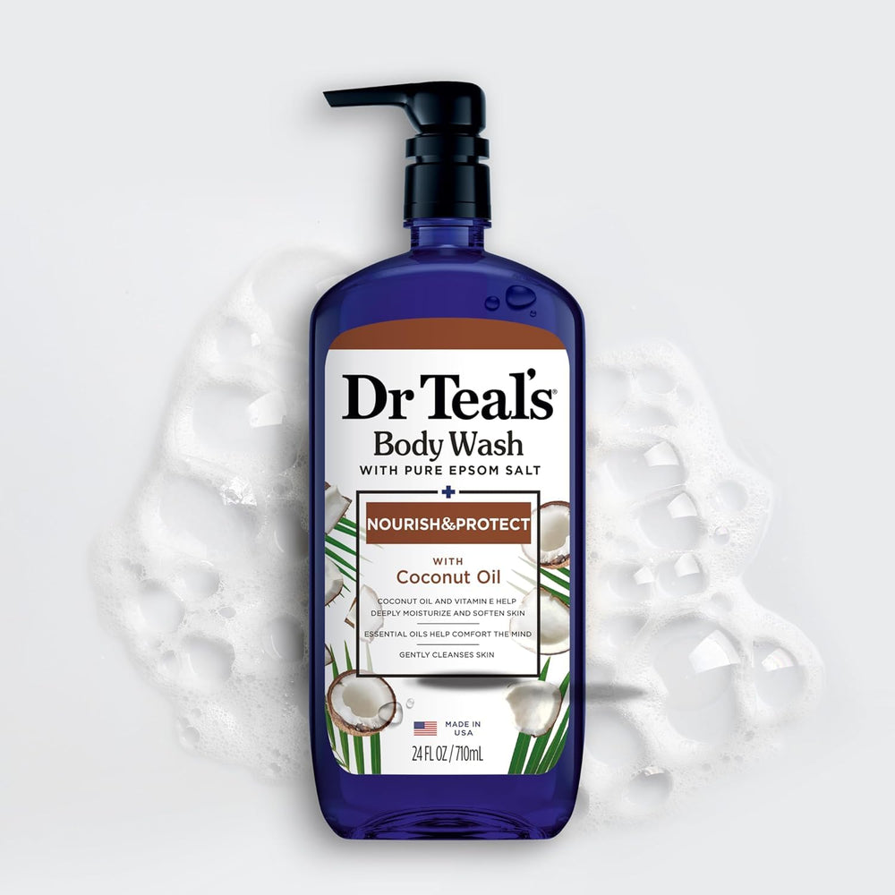 Dr Teal's bottle dispensing body wash in shower for easy use
