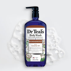 Dr Teal's bottle dispensing body wash in shower for easy use