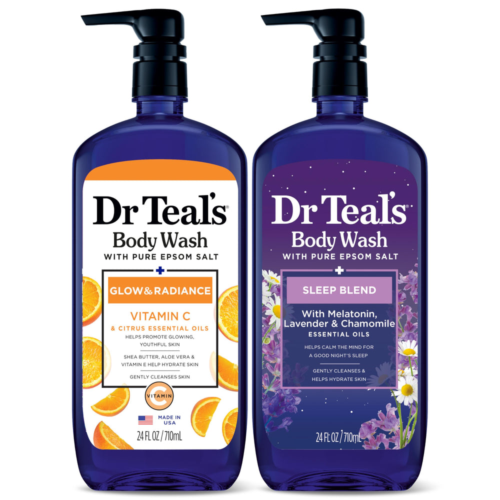 Dr Teal's duo front packaging showing two 24 fl oz bottles energizing routine