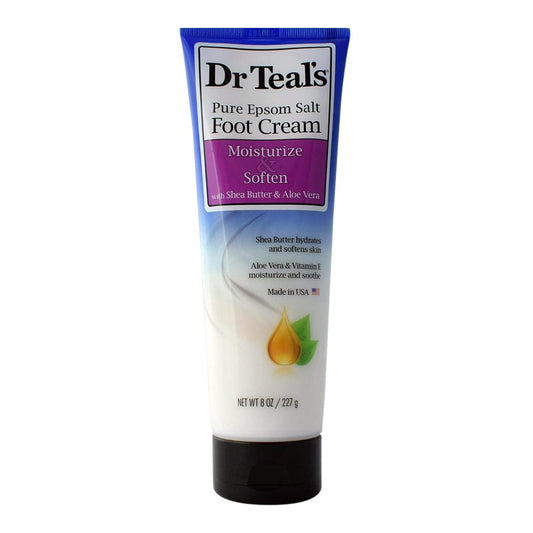 Dr Teal's foot cream front tube showing label and 8 oz size for intensified hydration