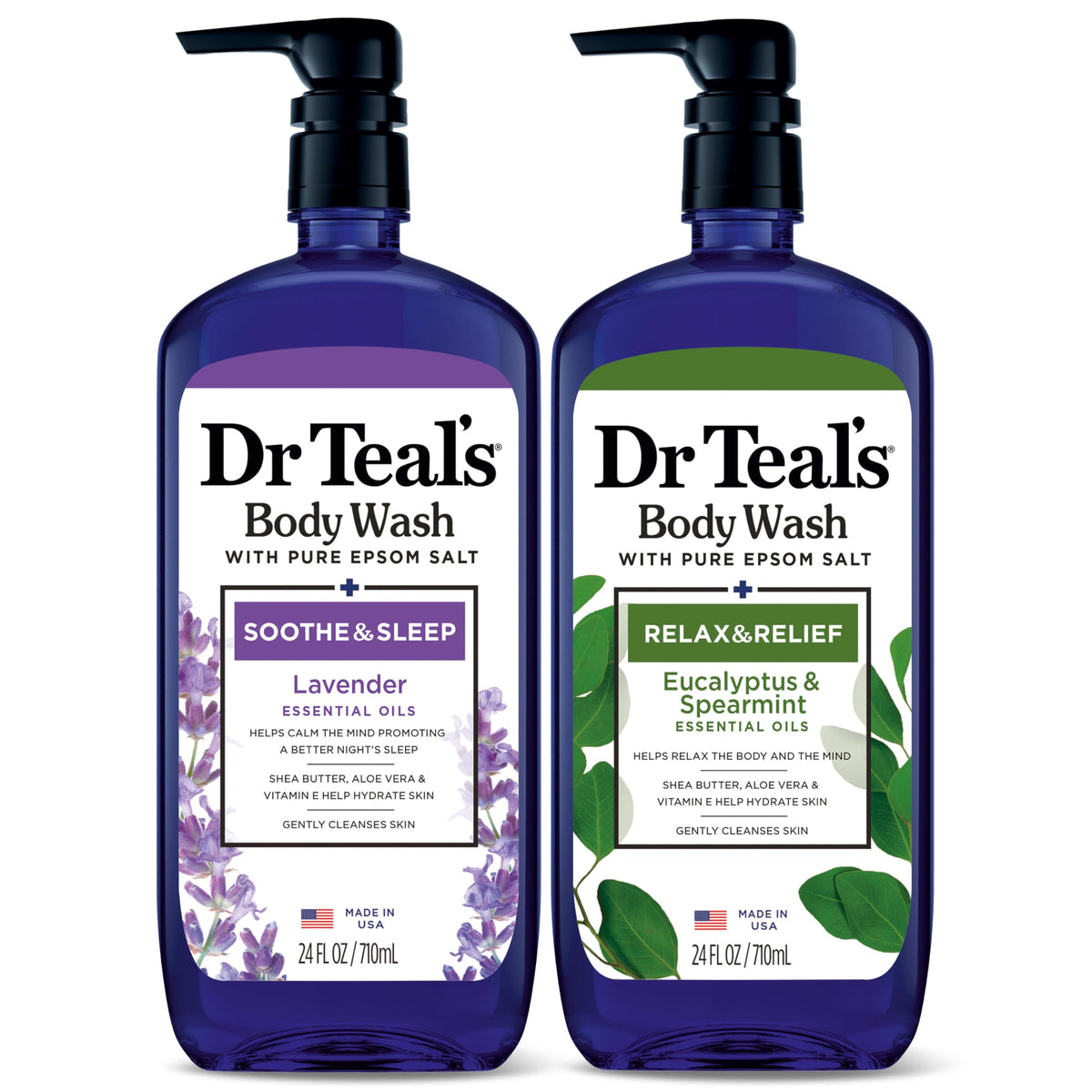 Dr Teal's front packaging duo showing two bottles and spa feel benefit