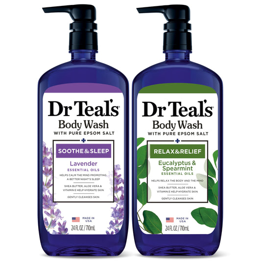 Dr Teal's front packaging duo showing two bottles and spa feel benefit