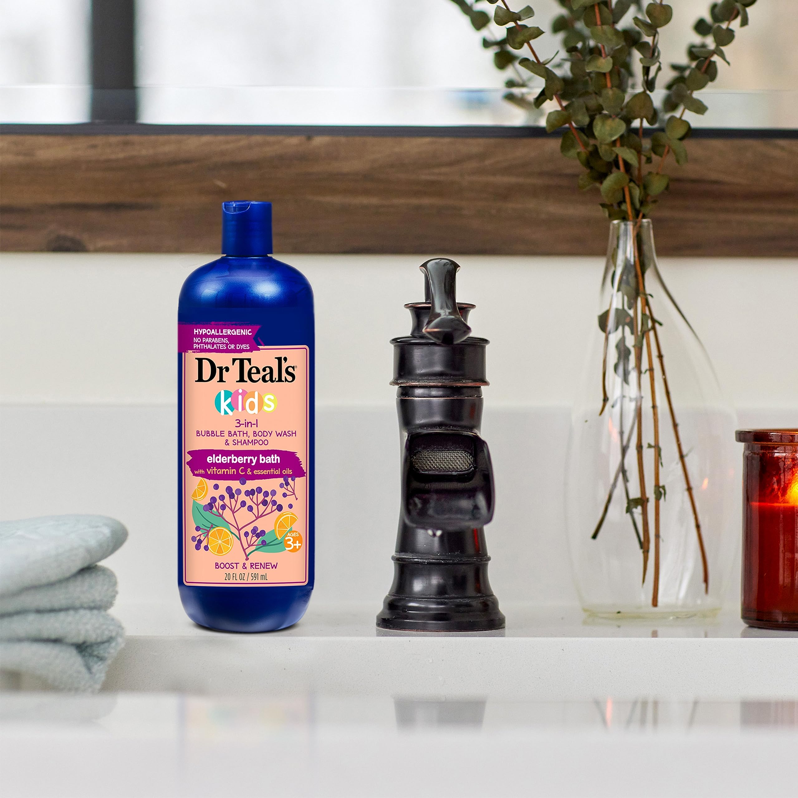 Dr Teal's bottle staged in bathroom for calming bedtime routine