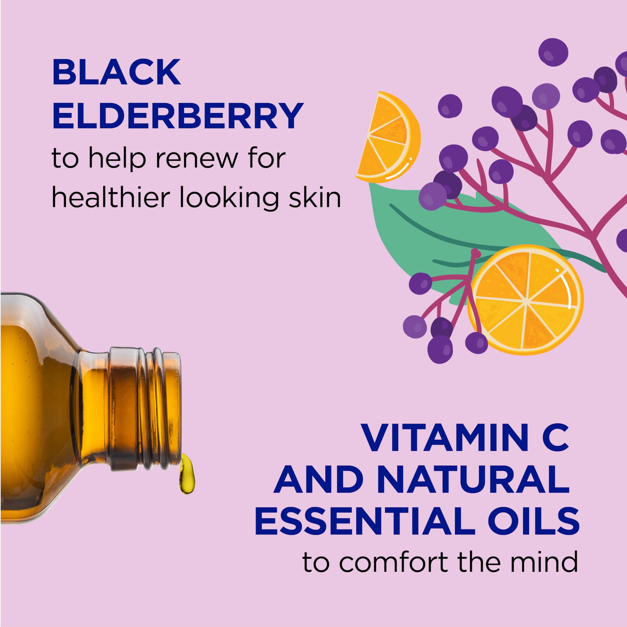 Dr Teal's close-up label showing elderberry and vitamin C highlights