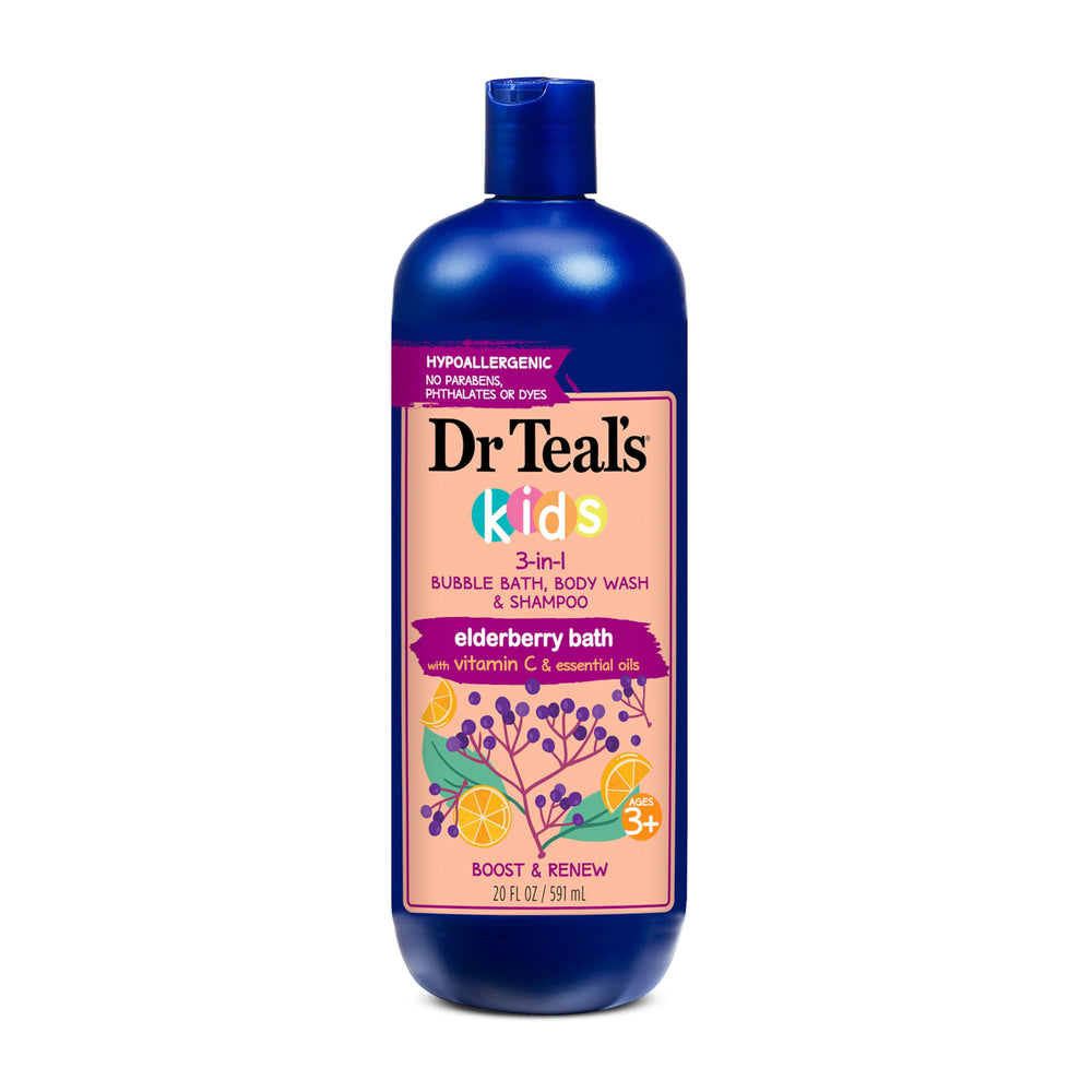 Dr Teal's bottle front view showing elderberry 3-in-1 benefits