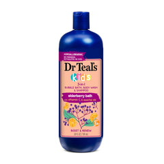 Dr Teal's bottle front view showing elderberry 3-in-1 benefits