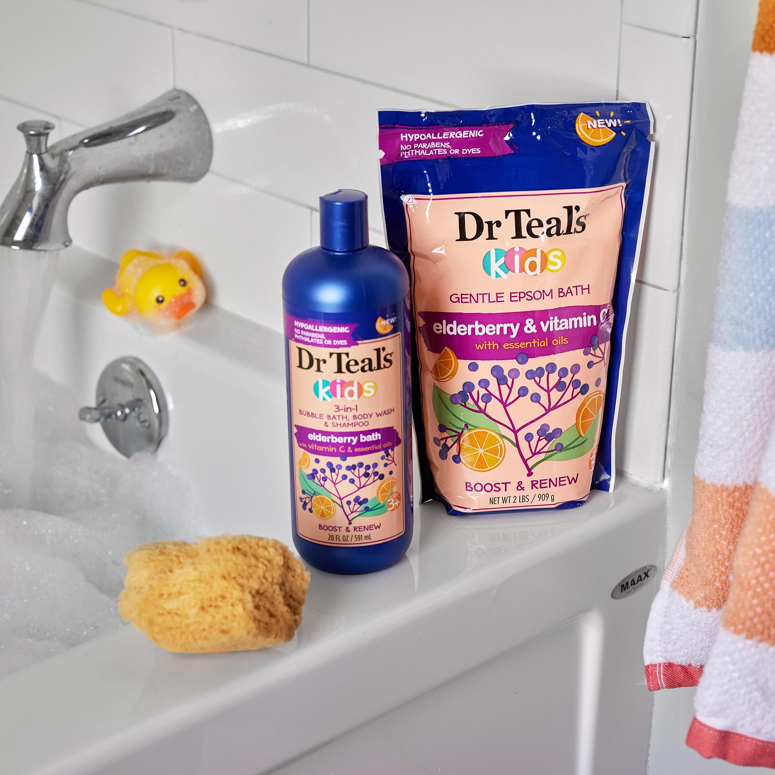 Dr Teal's arranged ingredients showing elderberry and essential oils
