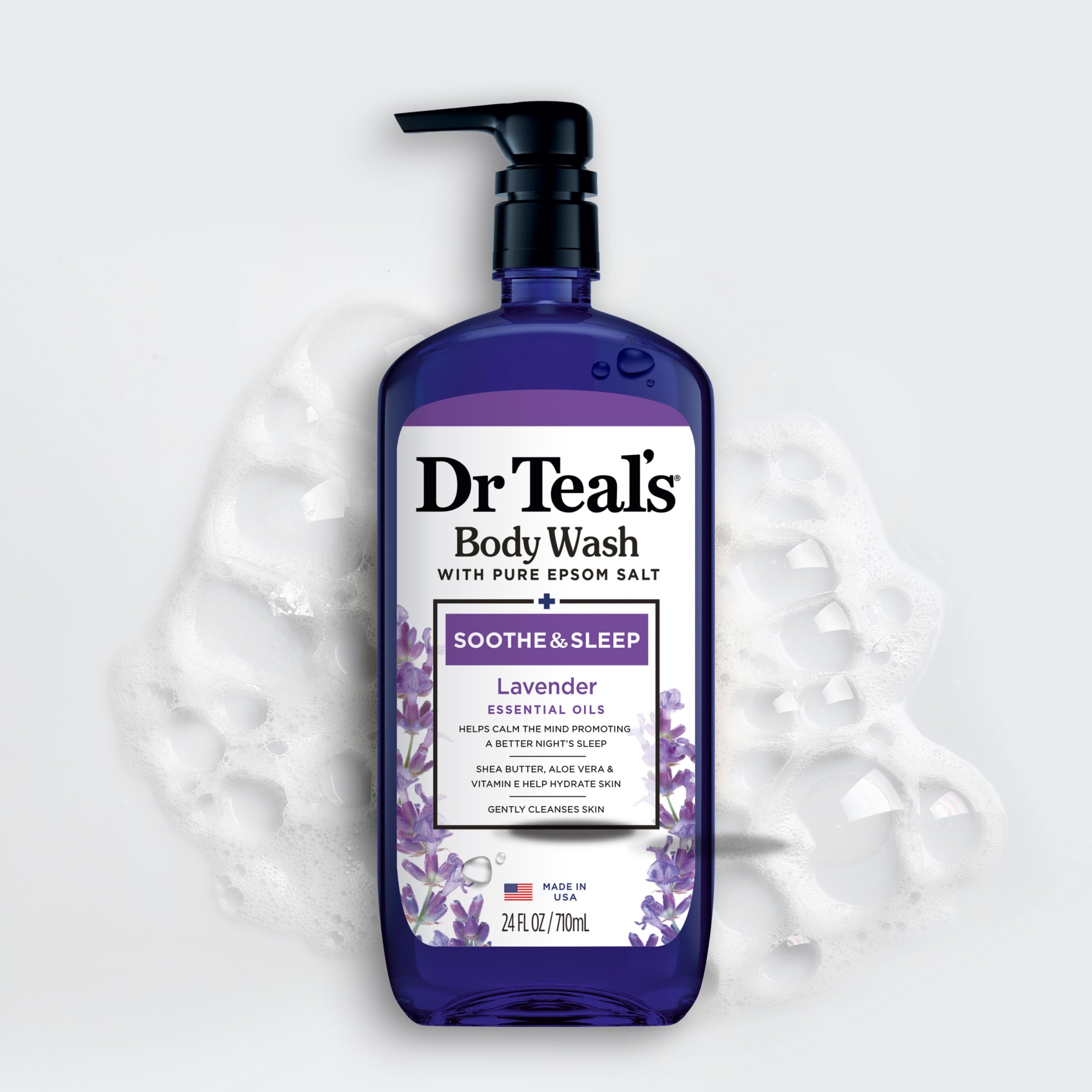 Dr Teal's bottle in an evening shower scene creating a calming routine