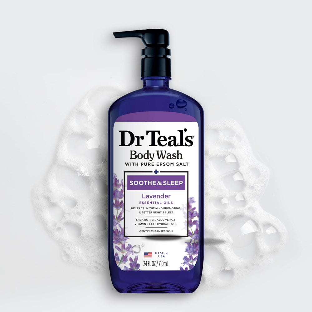 Dr Teal's bottle in an evening shower scene creating a calming routine