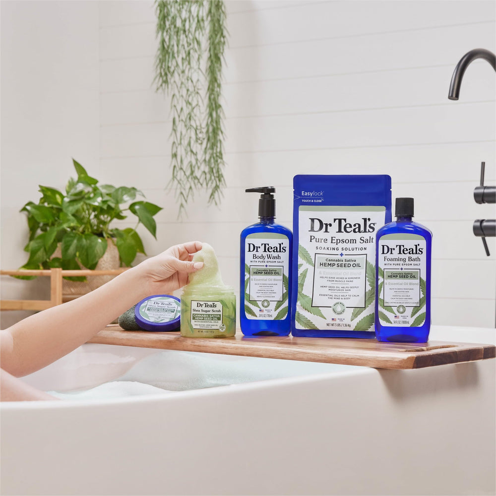 Dr Teal's body wash being used in a shower to show calming, restorative effect