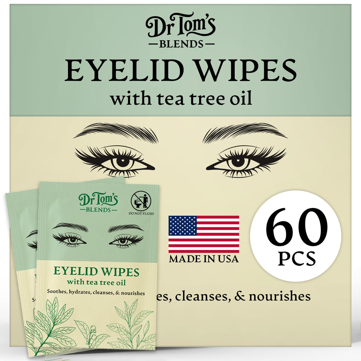Dr. Tom's Blends front packaging showing 60 wipes, clear labeling and benefits