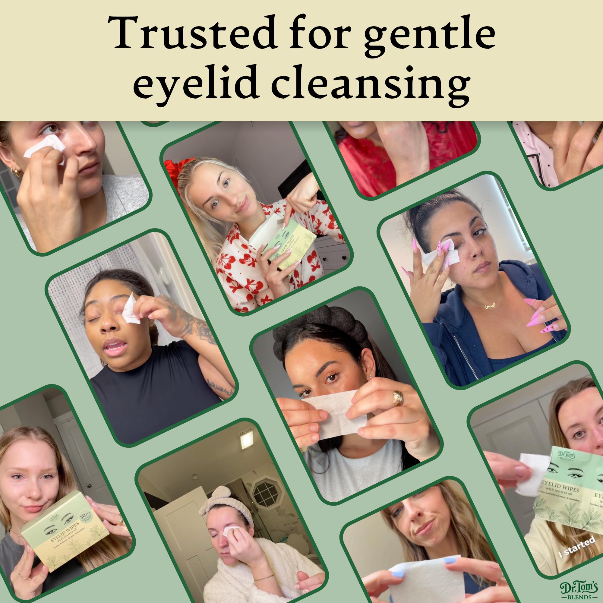 Dr. Tom's Blends wipe removing mascara, demonstrating gentle makeup cleansing