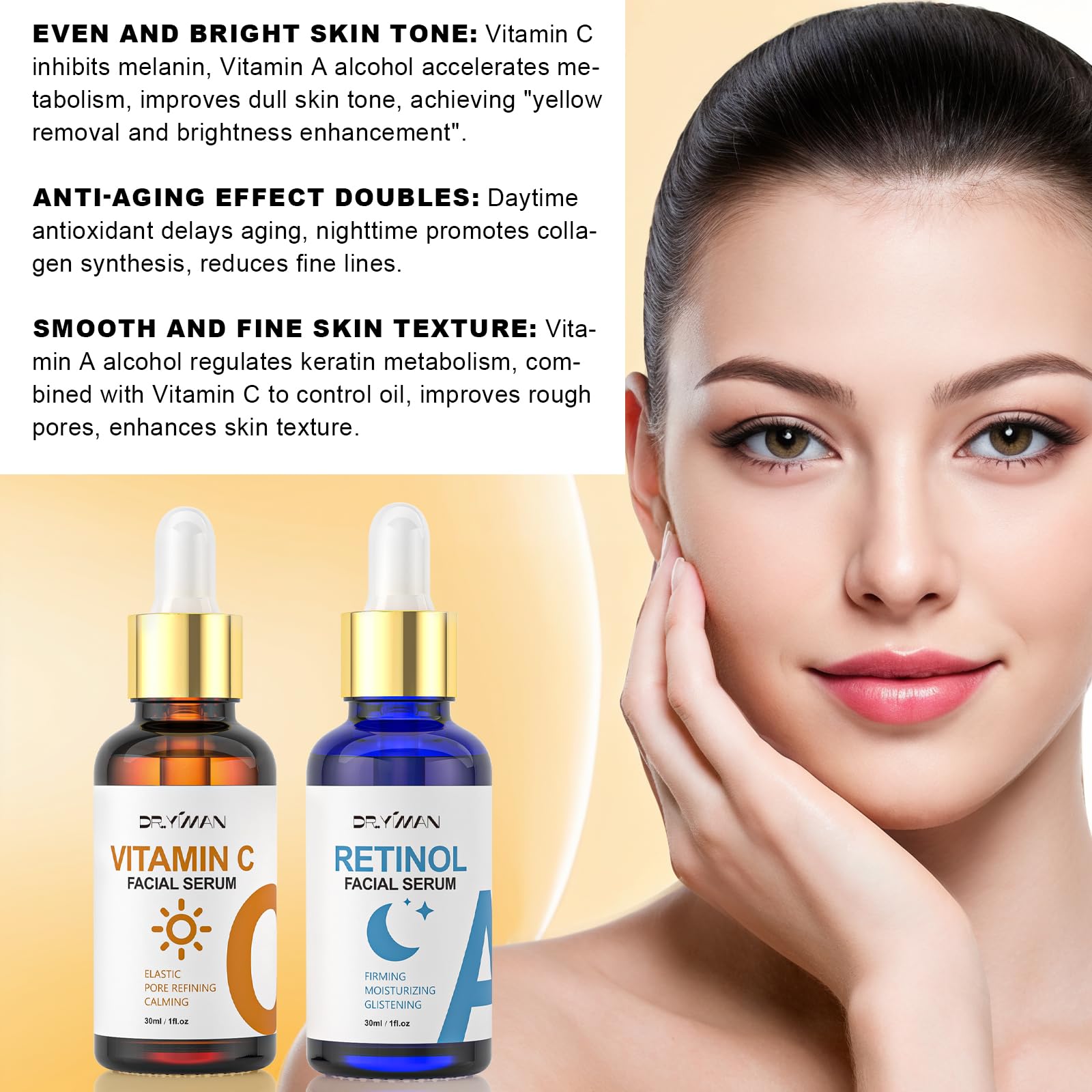 DR.YIMAN retinol serum bottle on nightstand suggesting overnight skin restoration