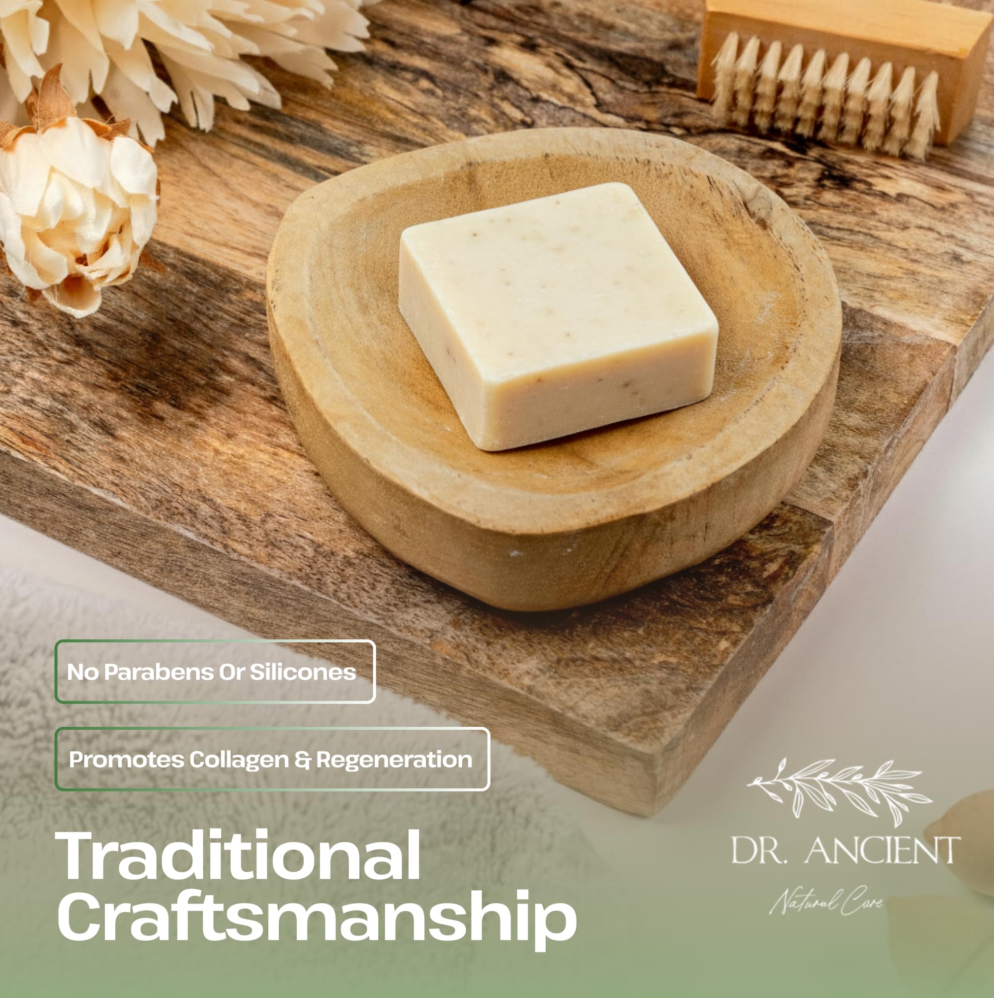 Dr.Ancient soap on bathroom tray suggesting everyday use and neat storage