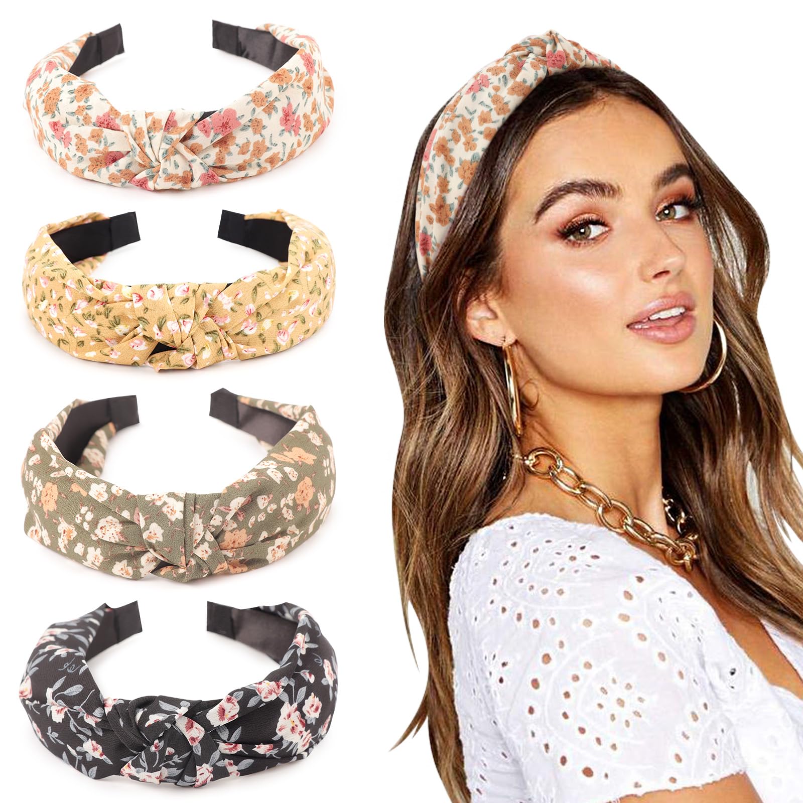 DRESHOW four headbands laid flat demonstrating pattern variety and gift-ready set