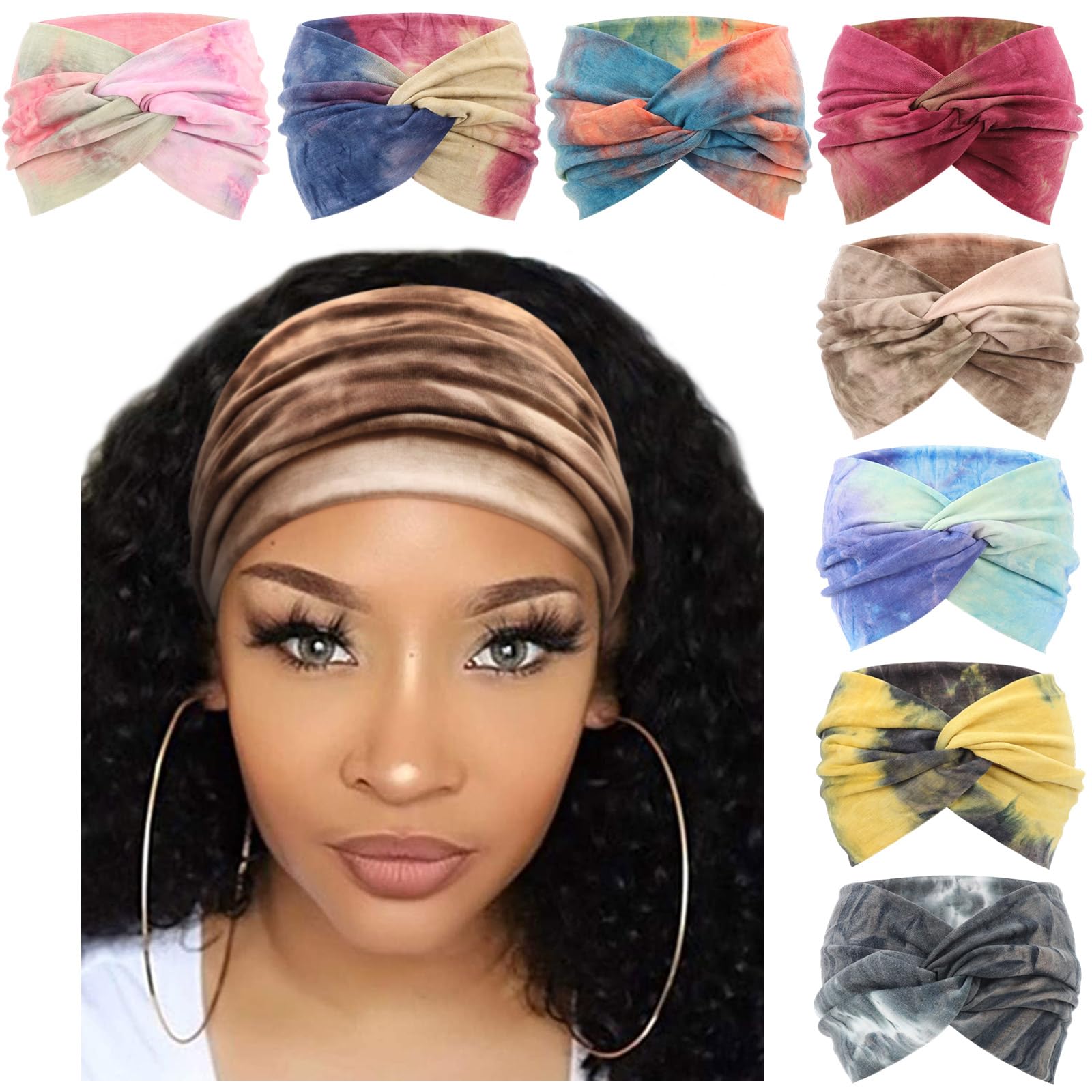 DRESHOW eight headbands laid flat showing multi-color set and neat knot, versatile styling