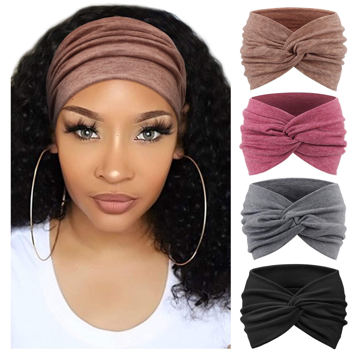 DRESHOW front view of four headbands showing colors and packaging benefit