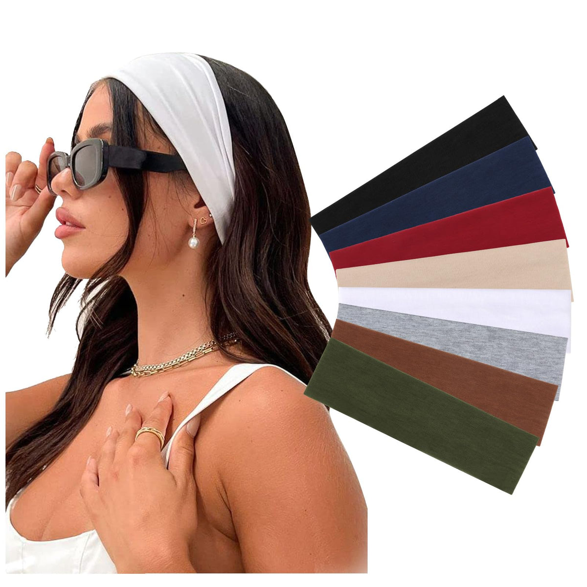 DRESHOW front view of eight headbands neatly stacked showing colors and packaging benefit