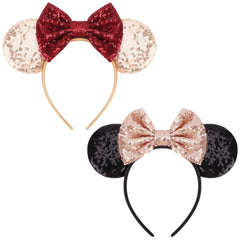 DRESHOW front view of two headbands showing glittery ears and bows for bright looks