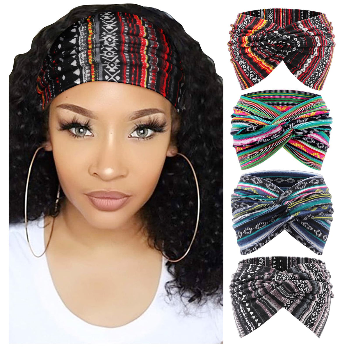 DRESHOW front view of four-pack headbands showing colors and knot detail, stylish versatility