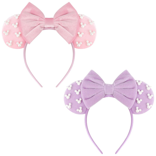 DRESHOW front view of two pearl mouse ears headbands showing charming bows and shape benefit: stylish accessory