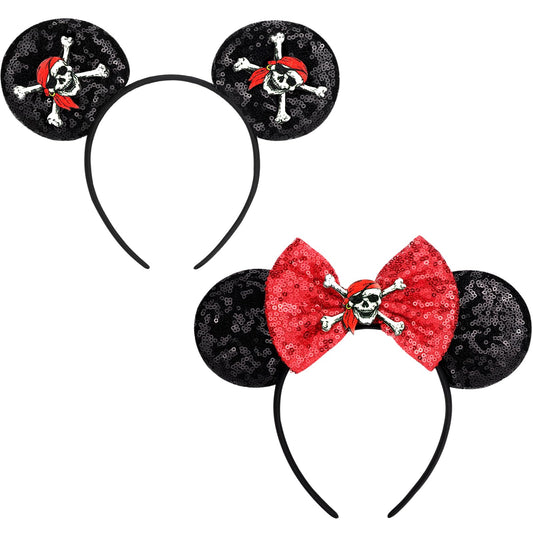DRESHOW pirate mouse ears headband front view showing bold skull bow benefit visibility