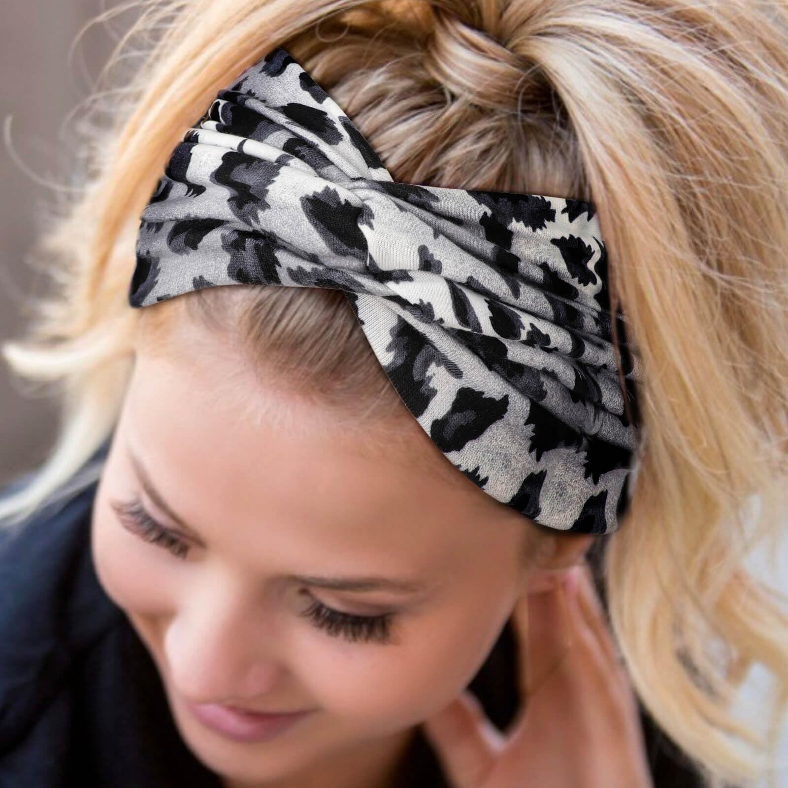 DRESHOW model wearing stretched headband showing secure fit and no slip