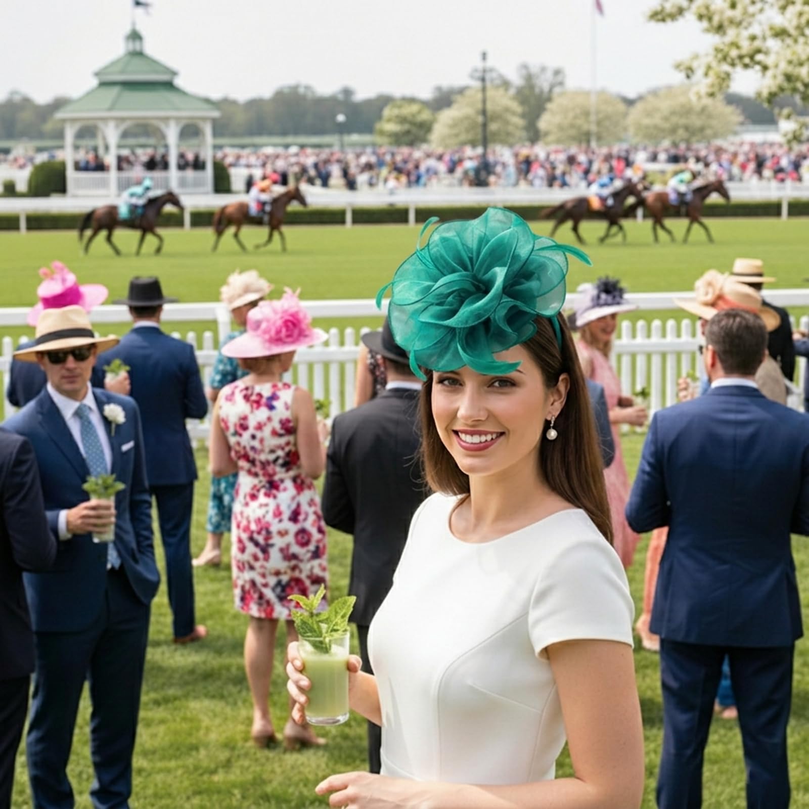 DRESHOW model wearing fascinator at tea party adding polished style