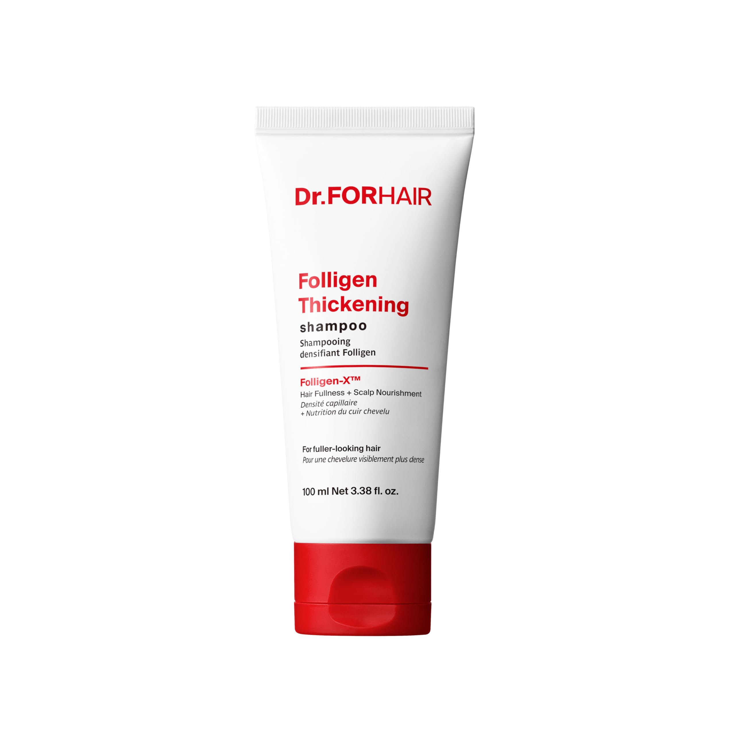 Dr.FORHAIR bottle front view showing branding and volumizing benefit