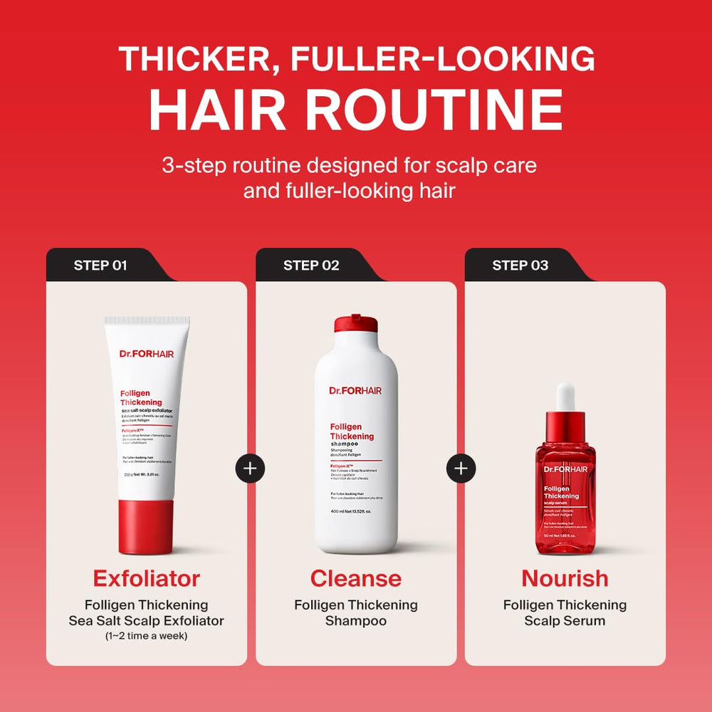 Dr.FORHAIR bottle staged on bathroom shelf suggesting daily routine