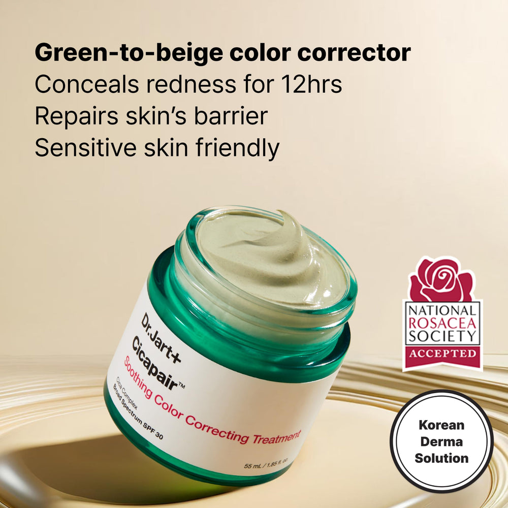 Dr.Jart+ applied on hand swipe showing green-to-beige color change and coverage