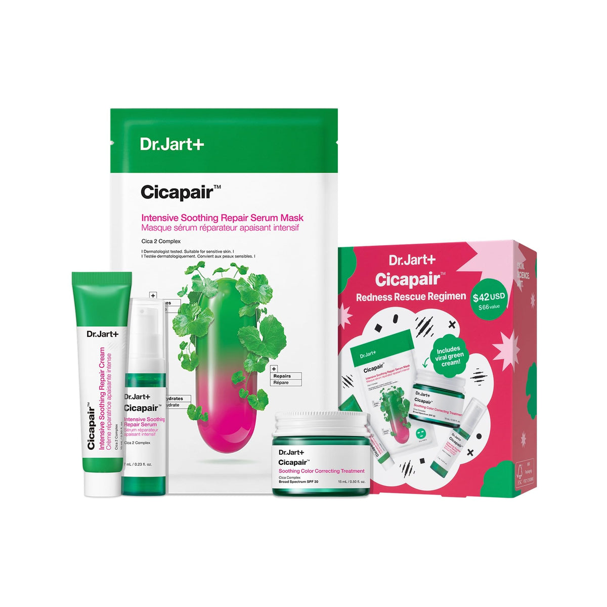Dr.Jart+ front packaging showing the travel-size redness rescue set benefits