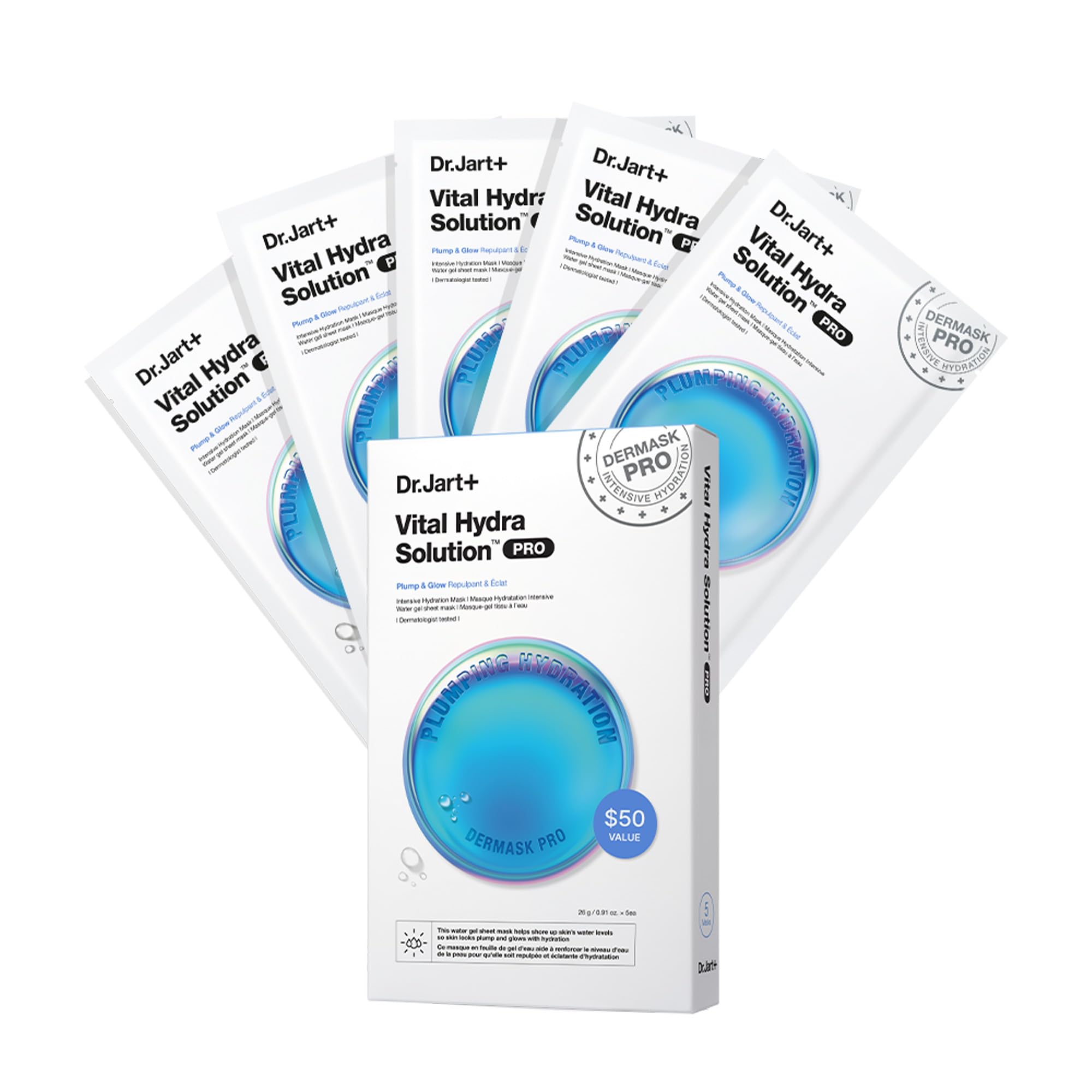 Dr.Jart+ front packaging showing five-sheet mask value pack for convenience