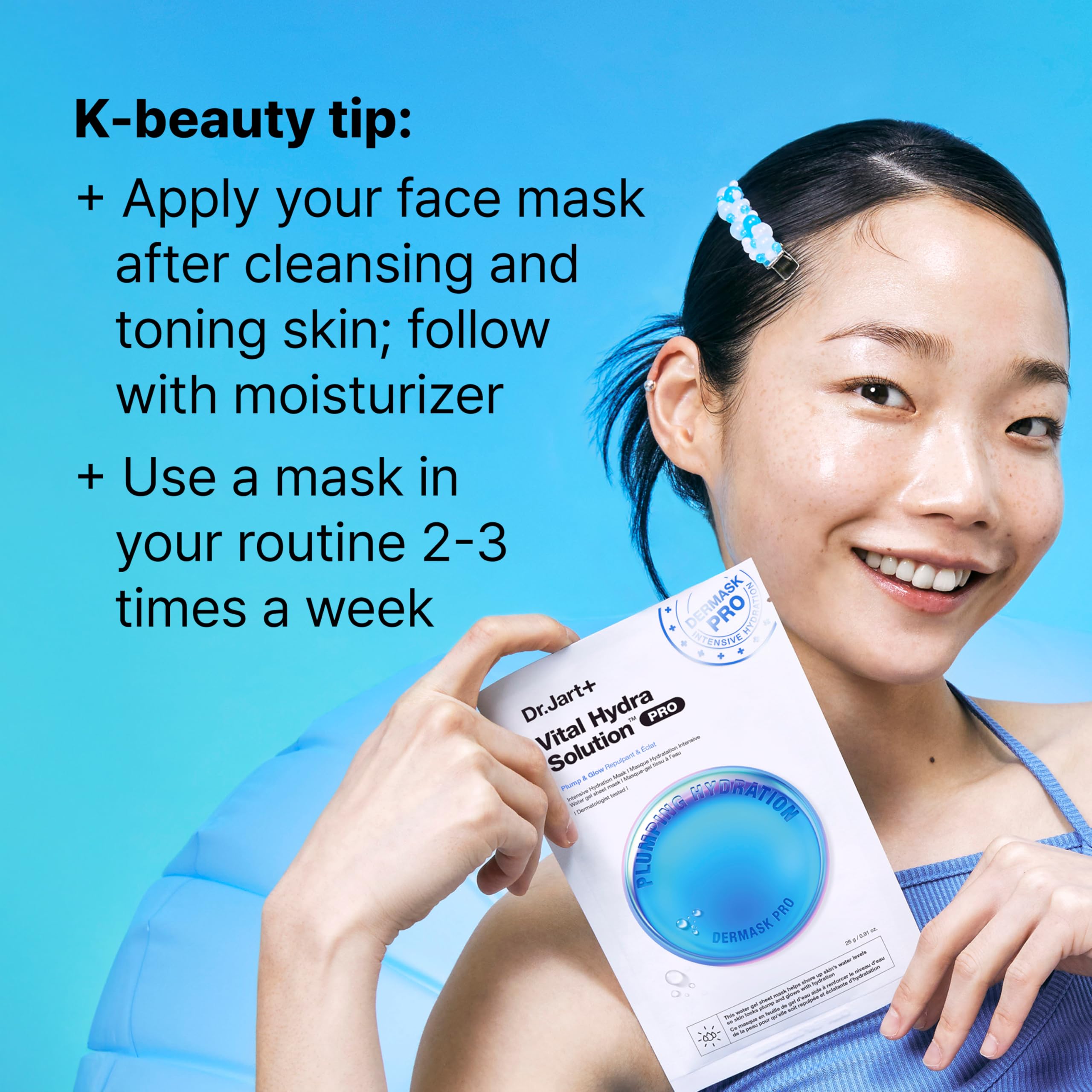 Dr.Jart+ model skin after mask removal showing plumped dewy finish benefit