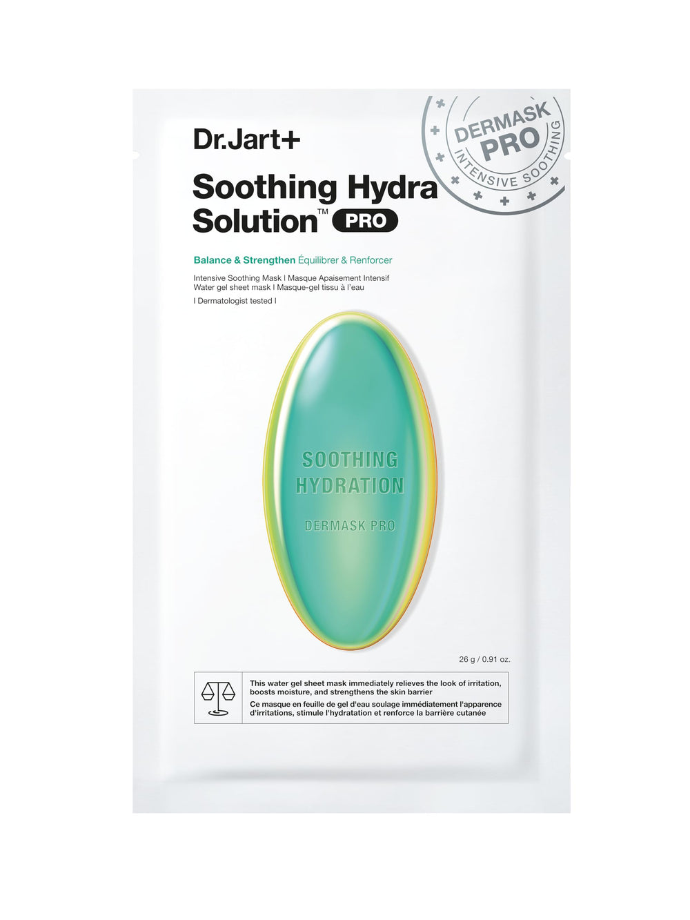 Dr.Jart+ front pouch showing travel-size sheet mask and calming design for quick relief