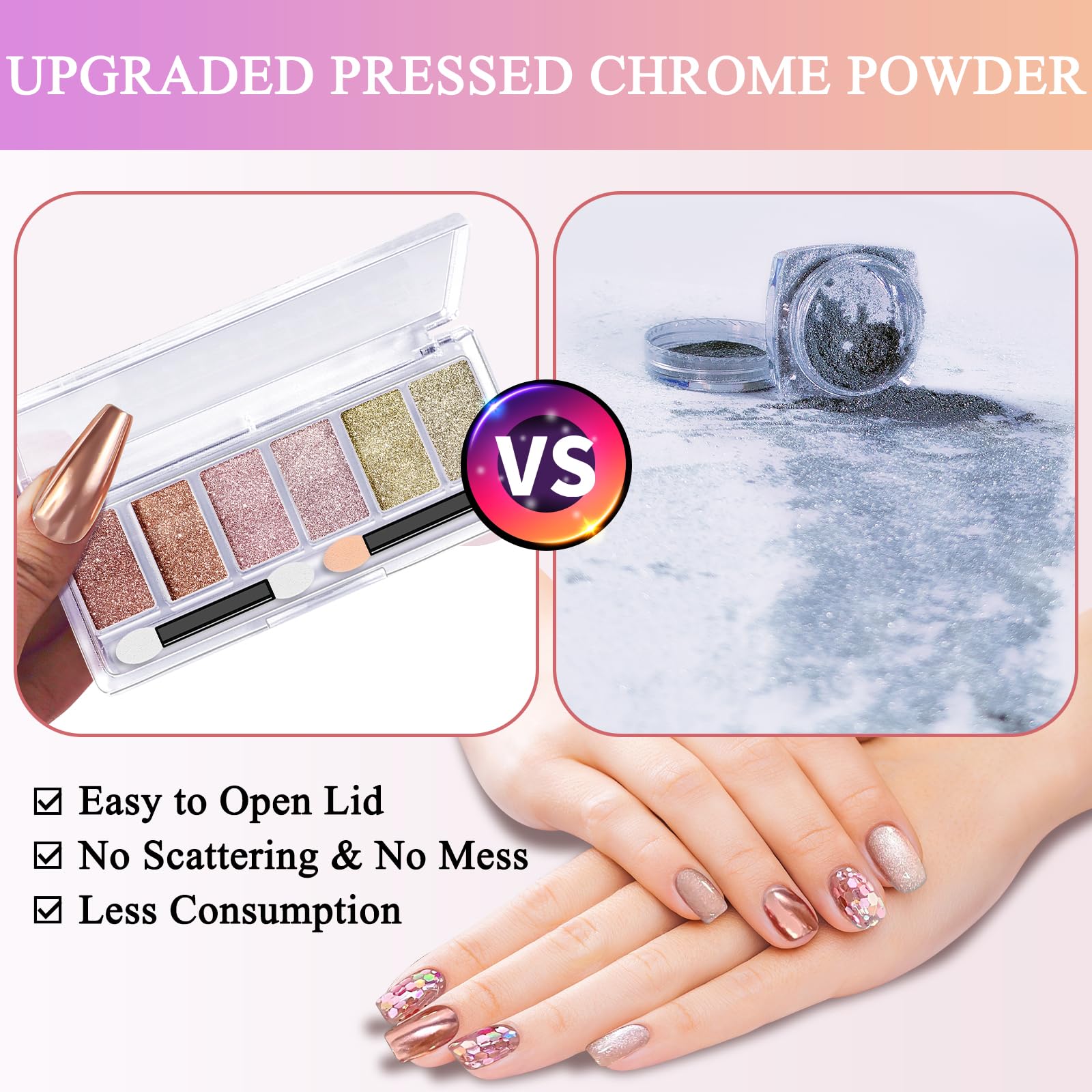 DRMODE chrome pigment on black gel nails demonstrating intense mirror reflection benefit